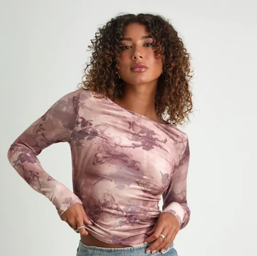 Lulus Farasha Mauve Burnout Butterfly Print Long Sleeve Top Small NWT